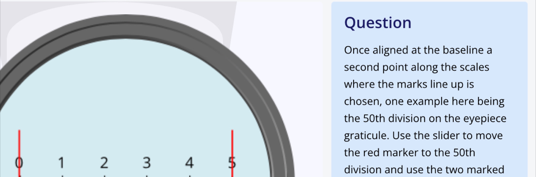 Question 
Once aligned at the baseline a 
second point along the scales 
where the marks line up is 
chosen, one example here being 
the 50th division on the eyepiece 
graticule. Use the slider to move 
the red marker to the 50th
division and use the two marked