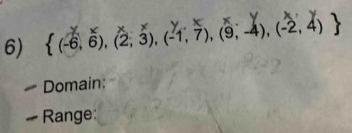  (-6,6), (2, 3), (-1,7), (9,-4), (-2, 4) 
Domain: 
Range: