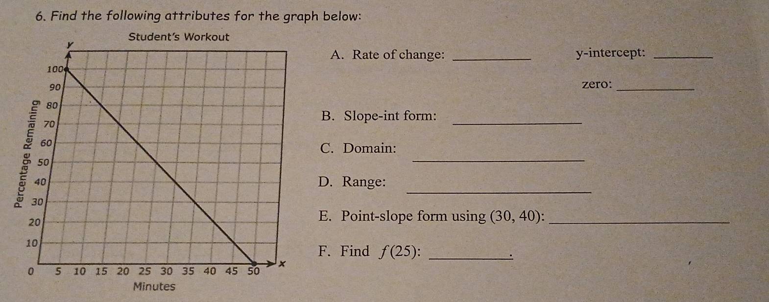 Find the following attributes for the graph below: 
A. Rate of change: _y-intercept:_ 
zero:_ 
B. Slope-int form:_ 
C. Domain: 
_ 
_ 
D. Range: 
E. Point-slope form using (30,40) : _ 
F. Find f(25) : _ 
.