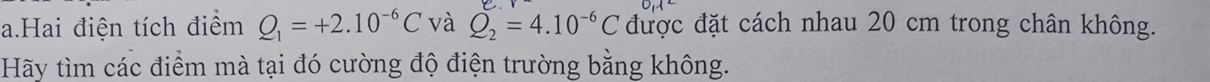 Hai điện tích điểm Q_1=+2.10^(-6)C và Q_2=4.10^(-6)C được đặt cách nhau 20 cm trong chân không. 
Hãy tìm các điểm mà tại đó cường độ điện trường bằng không.