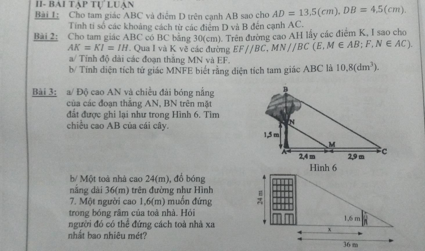 II- bái tập Tự LuẠn 
Bài 1: Cho tam giác ABC và điểm D trên cạnh AB sao cho AD=13,5(cm), DB=4,5(cm). 
Tính tỉ số các khoảng cách từ các điểm D và B đến cạnh AC. 
Bài 2: Cho tam giác ABC có BC bằng 30(cm). Trên đường cao AH lấy các điểm K, I sao cho
AK=KI=IH. Qua I và K vẽ các đường EF//BC, MN//BC(E, M∈ AB; F,N∈ AC). 
a/ Tính độ dài các đoạn thăng MN và EF. 
b/ Tính diện tích tứ giác MNFE biết rằng diện tích tam giác ABC là 10,8(dm^3). 
Bài 3: a/ Độ cao AN và chiều đài bóng nắng 
của các đoạn thăng AN, BN trên mặt 
đất được ghi lại như trong Hình 6. Tìm 
chiều cao AB của cái cây. 
b/ Một toà nhà cao 24(m), đồ bóng 
năng dài 36(m) trên đường như Hình 
7. Một người cao 1,6(m) muốn đứng 
trong bóng râm của toà nhà. Hỏi
1,6 m
người đó có thể đứng cách toà nhà xa
x
nhất bao nhiêu mét?
36 m