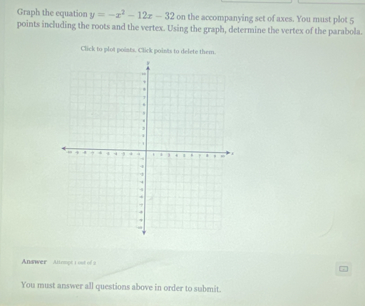 Graph the equation y=-x^2-12x-32 on the accompanying set of axes. You must plot 5
points including the roots and the vertex. Using the graph, determine the vertex of the parabola. 
Click to plot points. Click points to delete them. 
Answer Attempt 1 out of 2 
You must answer all questions above in order to submit.