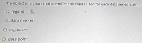 The object in a chart that identifies the colors used for each data series is a(n _
legend
data marker
organizer
data point