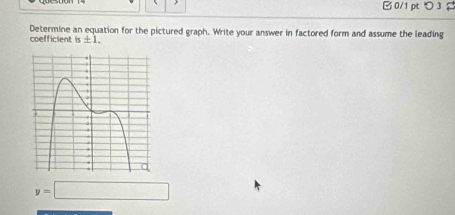 つ 3 
Determine an equation for the pictured graph. Write your answer in factored form and assume the leading 
coefficient is ± 1.
y=□