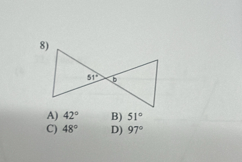 A) 42° B) 51°
C) 48° D) 97°