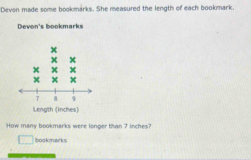 Devon made some bookmarks. She measured the length of each bookmark. 
Devon's bookmarks 
Length (inches) 
How many bookmarks were longer than 7 inches? 
bookmarks