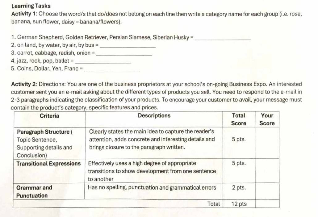 Learning Tasks 
Activity 1: Choose the word/s that do/does not belong on each line then write a category name for each group (i.e. rose, 
banana, sun flower, daisy = banana/flowers). 
1. German Shepherd, Golden Retriever, Persian Siamese, Siberian Husky =_ 
2. on land, by water, by air, by bus =_ 
3. carrot, cabbage, radish, onion =_ 
4. jazz, rock, pop, ballet =_ 
5. Coins, Dollar, Yen, Franc =_ 
Activity 2: Directions: You are one of the business proprietors at your school's on-going Business Expo. An interested 
customer sent you an e-mail asking about the different types of products you sell. You need to respond to the e-mail in 
2-3 paragraphs indicating the classification of your products. To encourage your customer to avail, your message must