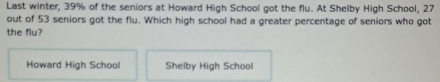 Last winter, 39% of the seniors at Howard High School got the flu. At Shelby High School, 27
out of 53 seniors got the flu. Which high school had a greater percentage of seniors who got
the flu?
Howard High School Shelby High School
