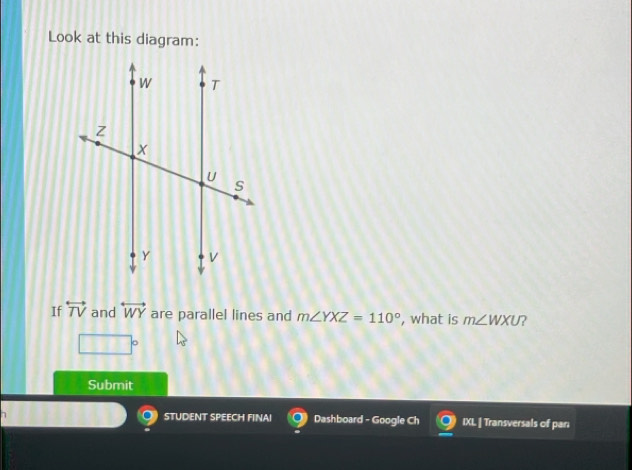 Look at this diagram: 
If overleftrightarrow TV and overleftrightarrow WY are parallel lines and m∠ YXZ=110° , what is m∠ WXU ?
□°
Submit 
STUDENT SPEECH FINAI Dashboard - Google Ch IXL | Transversals of pari