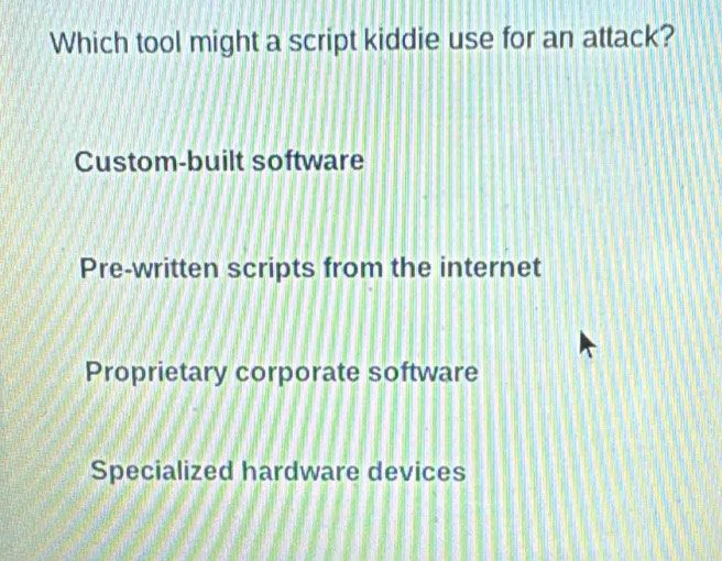 Which tool might a script kiddie use for an attack?
Custom-built software
Pre-written scripts from the internet
Proprietary corporate software
Specialized hardware devices