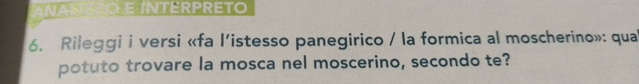 ANANEZO E INTERPRETO 
6. Rileggi i versi «fa l’istesso panegirico / la formica al moscherino»: qua 
potuto trovare la mosca nel moscerino, secondo te?