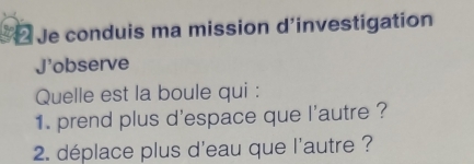 £ e conduis ma mission d'investigation 
J'observe 
Quelle est la boule qui : 
1. prend plus d'espace que l'autre ? 
2 déplace plus d'eau que l'autre ?