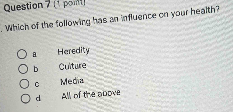 Which of the following has an influence on your health?
a Heredity
b Culture
C Media
d All of the above