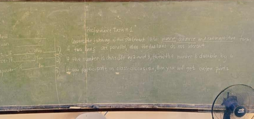 Performance taoki d 
hove 
son Convent the following If ten statement nto inver donverse and comtraposstive form 
If 
D. If two lines are panalles then the twolines do not intersect 
lon ② f the number is dhvisible byz and 3, then the number is diible by 6
positrcll 
you paptiei pate in class ciscuscron, then you will get extro points