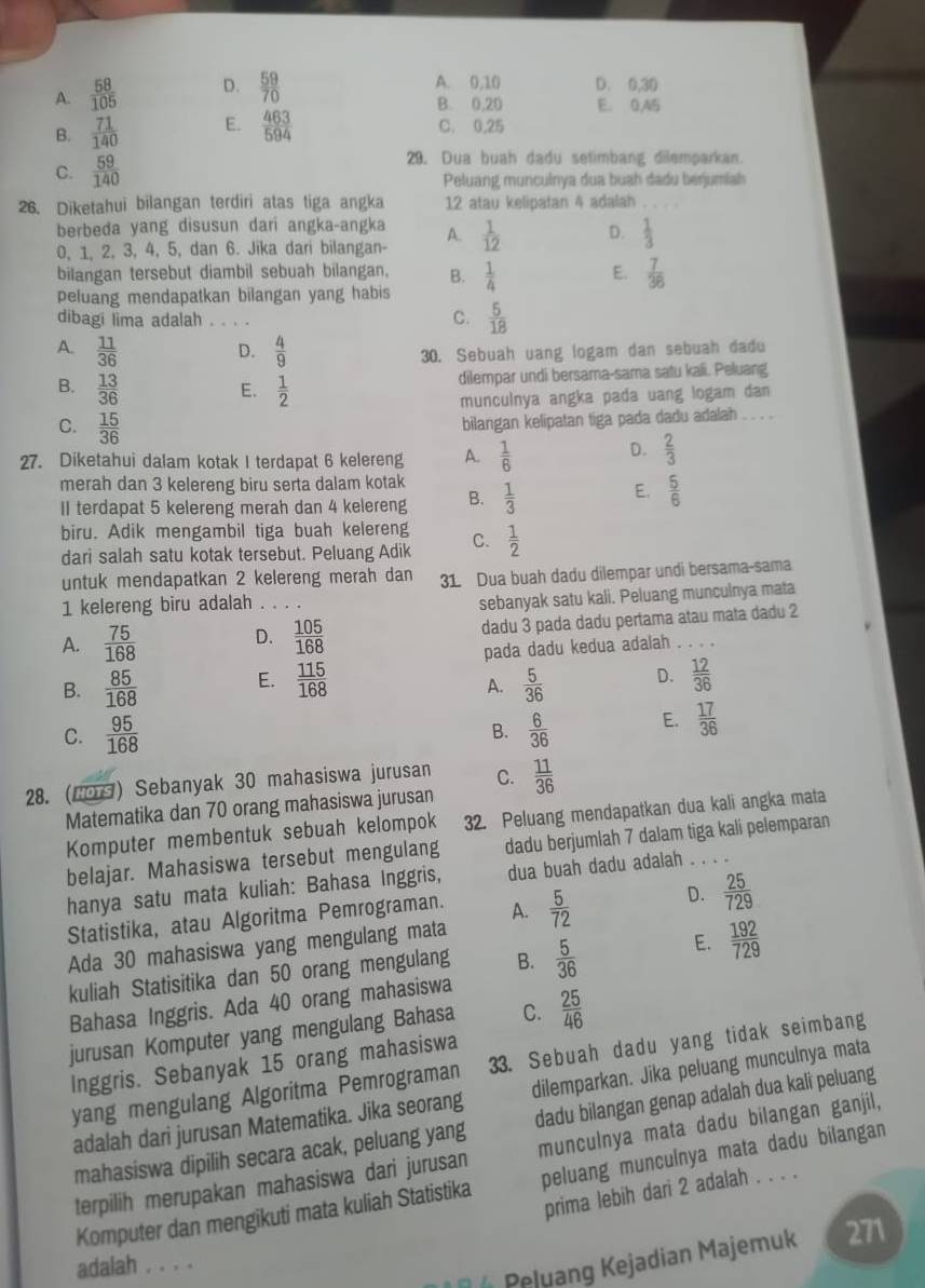 A.  58/105  D.  59/70 
A. 0,10 D. 0.30
B. 0,20 E. 0.A5
B.  71/140  E.  463/594  C. 0.25
29. Dua buah dadu setimbang dilemparkan.
C.  59/140  Peluang munculnya dua buah dadu berjumiah
26. Diketahui bilangan terdiri atas tiga angka 12 atau kelipatan 4 adalah_   
berbeda yang disusun dari angka-angka A.
0, 1, 2, 3, 4, 5, dan 6. Jika dari bilangan-  1/12  D.  1/3 
bilangan tersebut diambil sebuah bilangan. B. E.  7/36 
peluang mendapatkan bilangan yang habis  1/4 
dibagi lima adalah .  5/18 
C.
A.  11/36   4/9  30. Sebuah uang logam dan sebuah dadu
D.
B.  13/36   1/2 
dilempar undi bersama-sama satu kali. Peluang
E.
munculnya angka pada uang logam dan
C.  15/36 
bilangan kelipatan tiga pada dadu adalah  ._
27. Diketahui dalam kotak I terdapat 6 kelereng A.  1/6 
D.  2/3 
merah dan 3 kelereng biru serta dalam kotak
II terdapat 5 kelereng merah dan 4 kelereng B.  1/3 
E.  5/6 
biru. Adik mengambil tiga buah kelereng C.  1/2 
dari salah satu kotak tersebut. Peluang Adik
untuk mendapatkan 2 kelereng merah dan 31. Dua buah dadu dilempar undi bersama-sama
1 kelereng biru adalah . . . .
sebanyak satu kali. Peluang munculnya mata
A.  75/168  D.  105/168  dadu 3 pada dadu pertama atau mata dadu 2
pada dadu kedua adalah
E.
B.  85/168   115/168   5/36  D.  12/36 
A.
C.  95/168  B.  6/36  E.  17/36 
28. (Πο) Sebanyak 30 mahasiswa jurusan C.  11/36 
Matematika dan 70 orang mahasiswa jurusan
Komputer membentuk sebuah kelompok 32. Peluang mendapatkan dua kali angka mata
belajar. Mahasiswa tersebut mengulang dadu berjumlah 7 dalam tiga kali pelemparan
hanya satu mata kuliah: Bahasa Inggris, dua buah dadu adalah . . . .
Statistika, atau Algoritma Pemrograman. A.
Ada 30 mahasiswa yang mengulang mata  5/72  D.  25/729 
kuliah Statisitika dan 50 orang mengulang B.  5/36  E.  192/729 
Bahasa Inggris. Ada 40 orang mahasiswa
jurusan Komputer yang mengulang Bahasa C.  25/46 
Inggris. Sebanyak 15 orang mahasiswa
yang mengulang Algoritma Pemrograman 33. Sebuah dadu yang tidak seimbang
adalah dari jurusan Matematika. Jika seorang dilemparkan. Jika peluang munculnya mata
mahasiswa dipilih secara acak, peluang yang dadu bilangan genap adalah dua kali peluang
terpilih merupakan mahasiswa dari jurusan munculnya mata dadu bilangan ganjil,
Komputer dan mengikuti mata kuliah Statistika peluang munculnya mata dadu bilangan
prima lebih dari 2 adalah . . . .
« Peluang Kejadian Majemuk 271
adalah . . . .