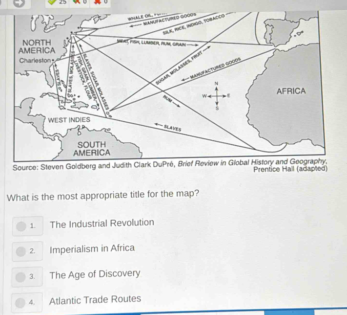 What is the most appropriate title for the map?
1. The Industrial Revolution
2. Imperialism in Africa
3. The Age of Discovery
4. Atlantic Trade Routes