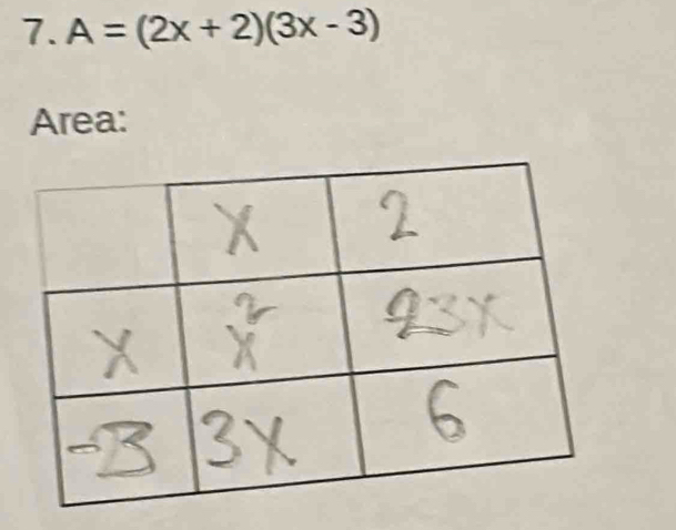 A=(2x+2)(3x-3)
Area: