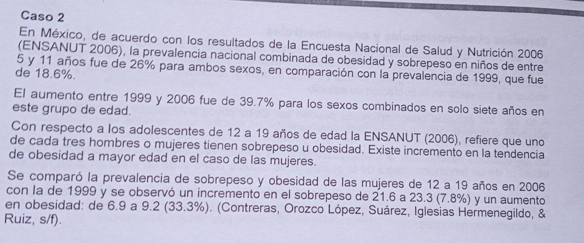 Caso 2 
En México, de acuerdo con los resultados de la Encuesta Nacional de Salud y Nutrición 2006 
(ENSANUT 2006), la prevalencia nacional combinada de obesidad y sobrepeso en niños de entre
5 y 11 años fue de 26% para ambos sexos, en comparación con la prevalencia de 1999, que fue 
de 18.6%. 
El aumento entre 1999 y 2006 fue de 39.7% para los sexos combinados en solo siete años en 
este grupo de edad. 
Con respecto a los adolescentes de 12 a 19 años de edad la ENSANUT (2006), refiere que uno 
de cada tres hombres o mujeres tienen sobrepeso u obesidad. Existe incremento en la tendencia 
de obesidad a mayor edad en el caso de las mujeres. 
Se comparó la prevalencia de sobrepeso y obesidad de las mujeres de 12 a 19 años en 2006
con la de 1999 y se observó un incremento en el sobrepeso de 21.6 a 23.3 (7.8%) y un aumento 
en obesidad: de 6.9 a 9.2 (33.3%). (Contreras, Orozco López, Suárez, Iglesias Hermenegildo, & 
Ruiz, s/f).