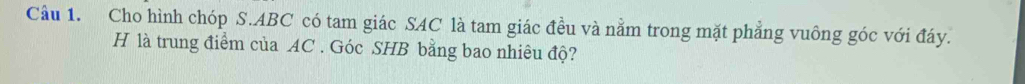 Cho hình chóp S. ABC có tam giác SAC là tam giác đều và nằm trong mặt phẳng vuông góc với đáy. 
H là trung điểm của AC. Góc SHB bằng bao nhiêu độ?