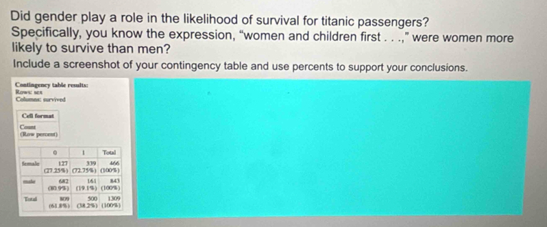 Did gender play a role in the likelihood of survival for titanic passengers? 
Specifically, you know the expression, “women and children first . . .,” were women more 
likely to survive than men? 
Include a screenshot of your contingency table and use percents to support your conclusions. 
Contingency table results: 
Rows: ses Columas: survived 
Cell format 
Count 
(Row percent)