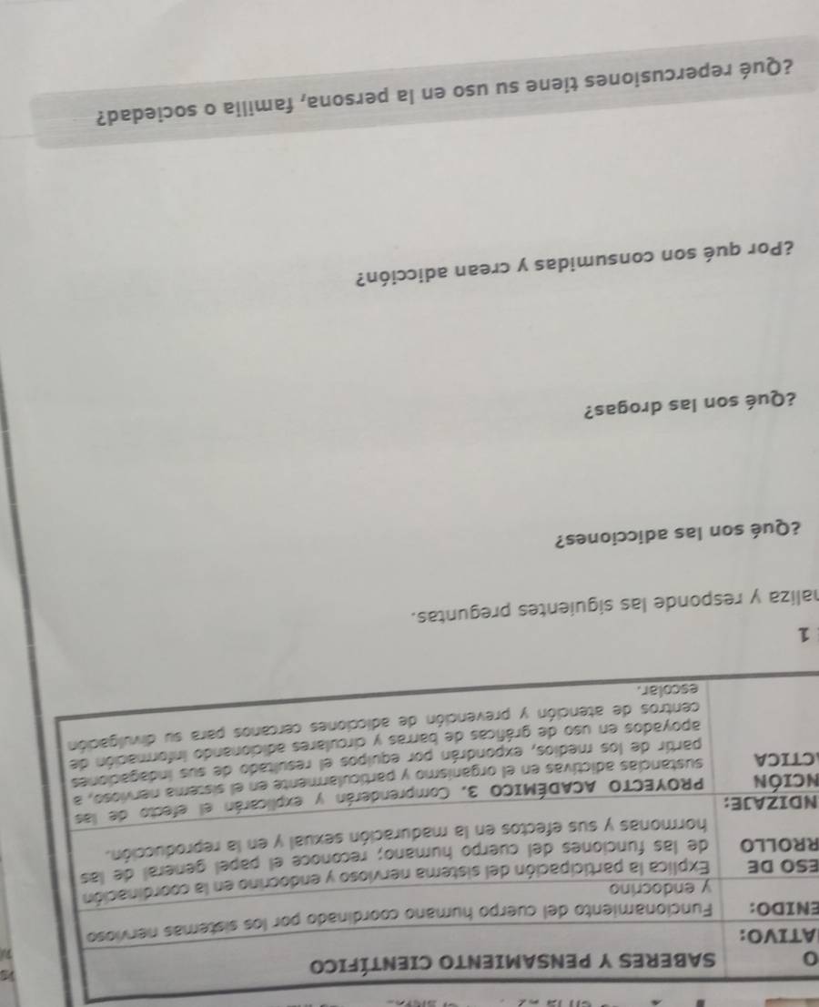 1 
7 
A 
EN 
ES 
RR 
N 
nc 
C 
1 
maliza y responde las siguientes preguntas. 
¿Qué son las adicciones? 
¿Qué son las drogas? 
¿Por qué son consumidas y crean adicción? 
¿Qué repercusiones tiene su uso en la persona, familia o sociedad?