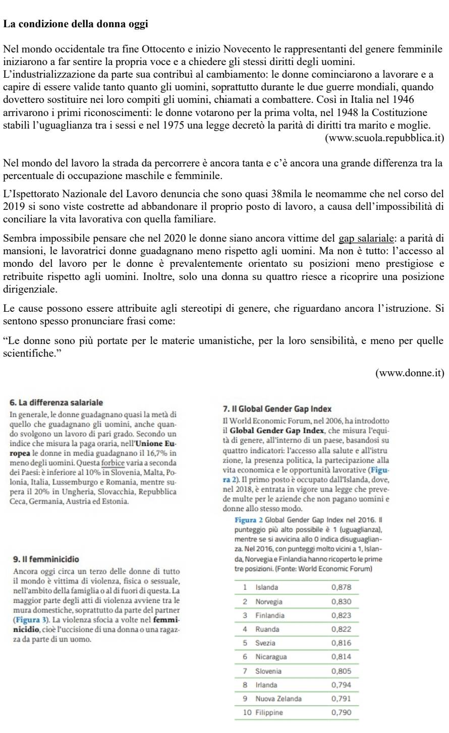 La condizione della donna oggi
Nel mondo occidentale tra fine Ottocento e inizio Novecento le rappresentanti del genere femminile
iniziarono a far sentire la propria voce e a chiedere gli stessi diritti degli uomini.
L’industrializzazione da parte sua contribuì al cambiamento: le donne cominciarono a lavorare e a
capire di essere valide tanto quanto gli uomini, soprattutto durante le due guerre mondiali, quando
dovettero sostituire nei loro compiti gli uomini, chiamati a combattere. Così in Italia nel 1946
arrivarono i primi riconoscimenti: le donne votarono per la prima volta, nel 1948 la Costituzione
stabilì l’uguaglianza tra i sessi e nel 1975 una legge decretò la parità di diritti tra marito e moglie.
(www.scuola.repubblica.it)
Nel mondo del lavoro la strada da percorrere è ancora tanta e c'è ancora una grande differenza tra la
percentuale di occupazione maschile e femminile.
L’Ispettorato Nazionale del Lavoro denuncia che sono quasi 38mila le neomamme che nel corso del
2019 si sono viste costrette ad abbandonare il proprio posto di lavoro, a causa dell’impossibilità di
conciliare la vita lavorativa con quella familiare.
Sembra impossibile pensare che nel 2020 le donne siano ancora vittime del gap salariale: a parità di
mansioni, le lavoratrici donne guadagnano meno rispetto agli uomini. Ma non è tutto: l’accesso al
mondo del lavoro per le donne è prevalentemente orientato su posizioni meno prestigiose e
retribuite rispetto agli uomini. Inoltre, solo una donna su quattro riesce a ricoprire una posizione
dirigenziale.
Le cause possono essere attribuite agli stereotipi di genere, che riguardano ancora l’istruzione. Si
sentono spesso pronunciare frasi come:
“Le donne sono più portate per le materie umanistiche, per la loro sensibilità, e meno per quelle
scientifiche.”
(www.donne.it)
6. La differenza salariale
In generale, le donne guadagnano quasi la metà di 7. Il Global Gender Gap Index
quello che guadagnano gli uomini, anche quan- Il World Economic Forum, nel 2006, ha introdotto
do svolgono un lavoro di pari grado. Secondo un il Global Gender Gap Index, che misura l’equi-
indice che misura la paga oraria, nell'Unione Eu- tà di genere, all’interno di un paese, basandosi su
ropea le donne in media guadagnano il 16,7% in quattro indicatori: l'accesso alla salute e all’istru
meno degli uomini. Questa forbice varia a seconda zione, la presenza politica, la partecipazione alla
dei Paesi: è inferiore al 10% in Slovenia, Malta, Po- vita economica e le opportunità lavorative (Figu-
lonia, Italia, Lussemburgo e Romania, mentre su- ra 2). Il primo posto è occupato dall’Islanda, dove,
pera il 20% in Ungheria, Slovacchia, Repubblica nel 2018, è entrata in vigore una legge che preve-
Ceca, Germania, Austria ed Estonia. de multe per le aziende che non pagano uomini e
donne allo stesso modo.
Figura 2 Global Gender Gap Index nel 2016. Il
punteggio più alto possibile è 1 (uguaglianza),
mentre se si avvicina allo O indica disuguaglian-
za. Nel 2016, con punteggi molto vicini a 1, Islan-
9. Il femminicidio da, Norvegia e Finlandia hanno ricoperto le prime
Ancora oggi circa un terzo delle donne di tutto tre posizioni. (Fonte: World Economic Forum)
il mondo è vittima di violenza, fisica o sessuale,
nell’ambito della famiglia o al di fuori di questa. La 
maggior parte degli atti di violenza avviene tra le 
mura domestiche, soprattutto da parte del partner
(Figura 3). La violenza sfocia a volte nel femmi- 
nicidio, cioè l'uccisione di una donna o una ragaz- 
za da parte di un uomo.