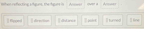 When reflecting a figure, the figure is Answer over a Answer
frac 1 1□  _ endarray flipped :: direction § distance beginarrayr 11 +1 hline :_ 22:endarray  point frac  4/5   1/2  frac  turned beginarrayr :: :: : line