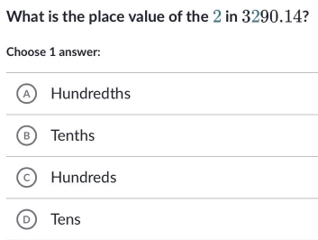 What is the place value of the 2 in 3290.14?
Choose 1 answer:
Hundredths
Tenths
Hundreds
Tens