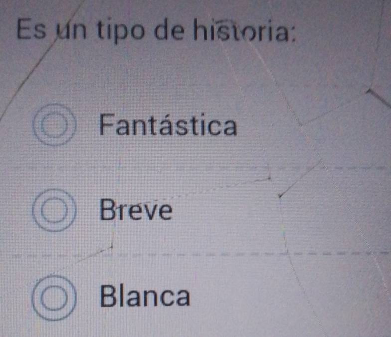 Es un tipo de historia:
Fantástica
Breve
Blanca