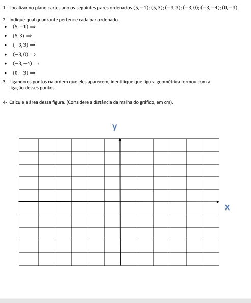 1- Localizar no plano cartesiano os seguintes pares ordenados (5,-1);(5,3); (-3,3); (-3,0);(-3,-4); (0,-3). 
2- Indique qual quadrante pertence cada par ordenado.
(5,-1)Rightarrow
(5,3)Rightarrow
(-3,3)Rightarrow
(-3,0)Rightarrow
(-3,-4)Rightarrow
(0,-3)Rightarrow
3- Ligando os pontos na ordem que eles aparecem, identifique que figura geométrica formou com a
ligação desses pontos.
4- Calcule a área dessa figura. (Considere a distância da malha do gráfico, em cm).