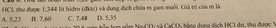 HCl, thu được 1,344 lit hidro (đktc) và dung dịch chứa m gam muối. Giá trị của m là
A. 5, 23 B. 7,60 C. 7,48 D. 5, 35
am hỗn hợp gồm Na_2C O và CaCO Đ bằng dung dịch HCl dư, thu được Ý