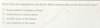 Crus trees are angiosperms and dicals. (hich characteristic would citrus trees have?
flower petals in multiples of three
herbacebus or woody slems
paralial vaies on the leaves
one calyledon in the seed