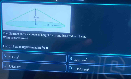 Solved: The diagram shows a cone of height 5 cm and base radius 12 cm ...
