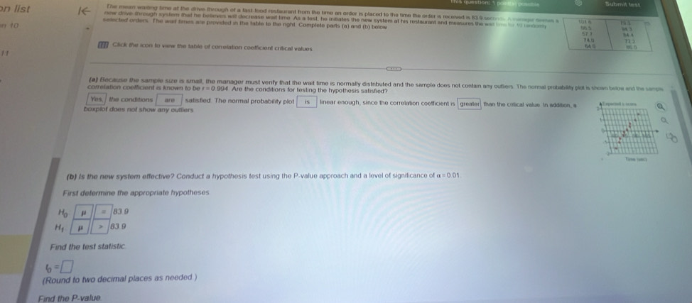 Submit test
The mean waiting time at the drive through of a fast-food restaurant from the time an order is placed to the time the order is received is 83.9 secons A mirga sems 
n list new drive through system that he believes will decrease wait time. As a test, he initiates the new system at his restaurant and measures the wa bn to to ndony
n 10
selected orders. The wad times are provided in the table to the right. Complete parts (a) and (b) below 
T Click the icon to view the table of correlation coefficient critical values
11
(a) Because the sample size is small, the manager must vernfy that the wait time is normally distributed and the sample does not contain any outlers. The normal probability plot is shown below and the semps
f=0994 Are the conditions for testing the hypothesis satisfied?
Yes the conditions are satisfied. The normal probability plot is linear enough, since the correlation coefficient is greater than the critical value. In addition, a 
boxplof does not show any outliers
Tise (seca
(b) Is the new system effective? Conduct a hypothesis test using the P -value approach and a level of significance of a=0.01
First defermine the appropriate hypotheses
H_0 μ # 83 9
H_1 μ 839
Find the test statistic
b=□
(Round to two decimal places as needed )
Find the P -value