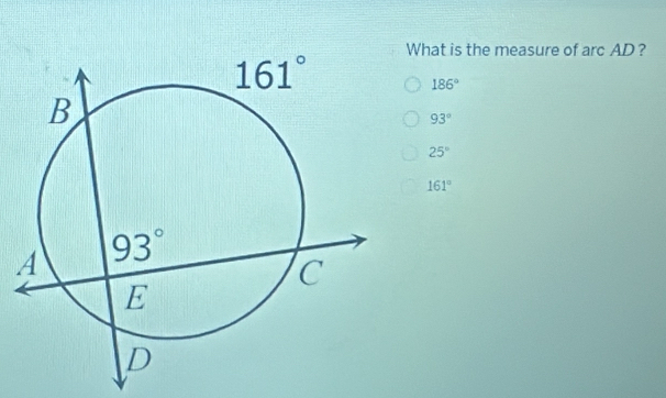 What is the measure of arc AD ?
186°
93°
25°
161°