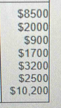 $8500
$2000
$900
$1700
$3200
$2500
$10,200