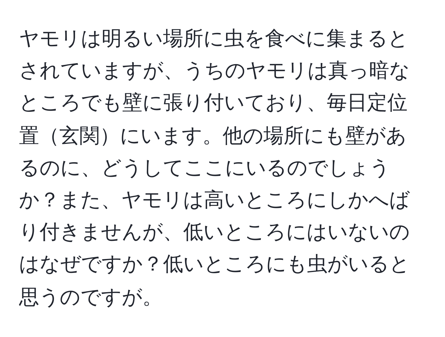 ヤモリは明るい場所に虫を食べに集まるとされていますが、うちのヤモリは真っ暗なところでも壁に張り付いており、毎日定位置玄関にいます。他の場所にも壁があるのに、どうしてここにいるのでしょうか？また、ヤモリは高いところにしかへばり付きませんが、低いところにはいないのはなぜですか？低いところにも虫がいると思うのですが。