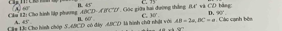 B. 45° 75°
60°
Câu 12: Cho hình lập phương ABCD· A'B'C'D'. Góc giữa hai đường thẳng BA' và CD bằng:
C. 30°.
D. 90°.
A. 45°.
B. 60°. 
Câu 13: Cho hình chóp S. ABCD có đáy ABCD là hình chữ nhật với AB=2a, BC=a. Các cạnh bên
Bvà SC