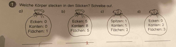 Welche Körper stecken in den Säcken? Schreibe auf. 
a) 
b) 
c) 
d) 



_ 
_ 
_ 
_