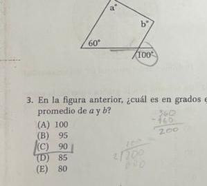 En la figura anterior, ¿cuál es en grados e
promedio de a y b?
(A) 100
(B) 95
(C) 90
(D) 85
(E) 80