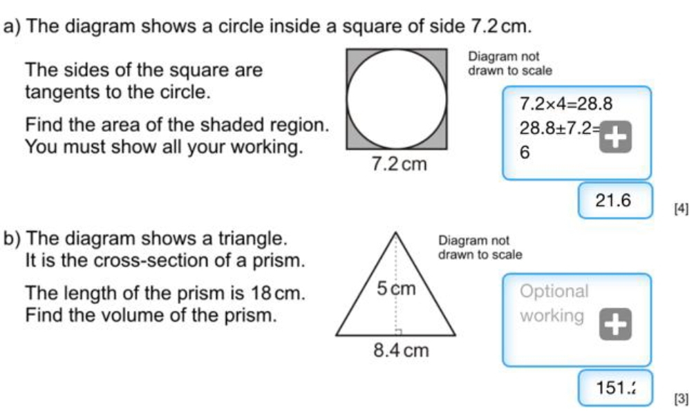 Solved: The diagram shows a circle inside a square of side 7.2cm ...