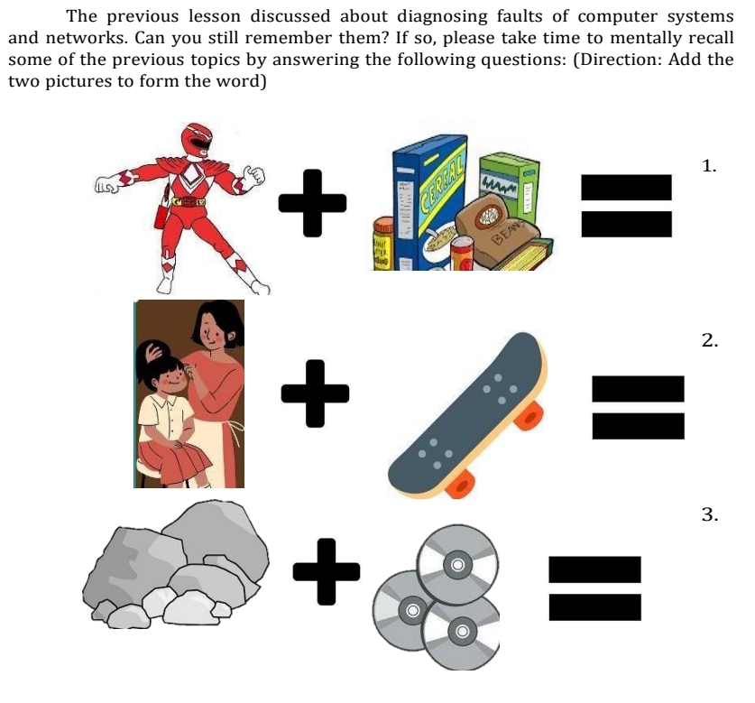 The previous lesson discussed about diagnosing faults of computer systems 
and networks. Can you still remember them? If so, please take time to mentally recall 
some of the previous topics by answering the following questions: (Direction: Add the 
two pictures to form the word)