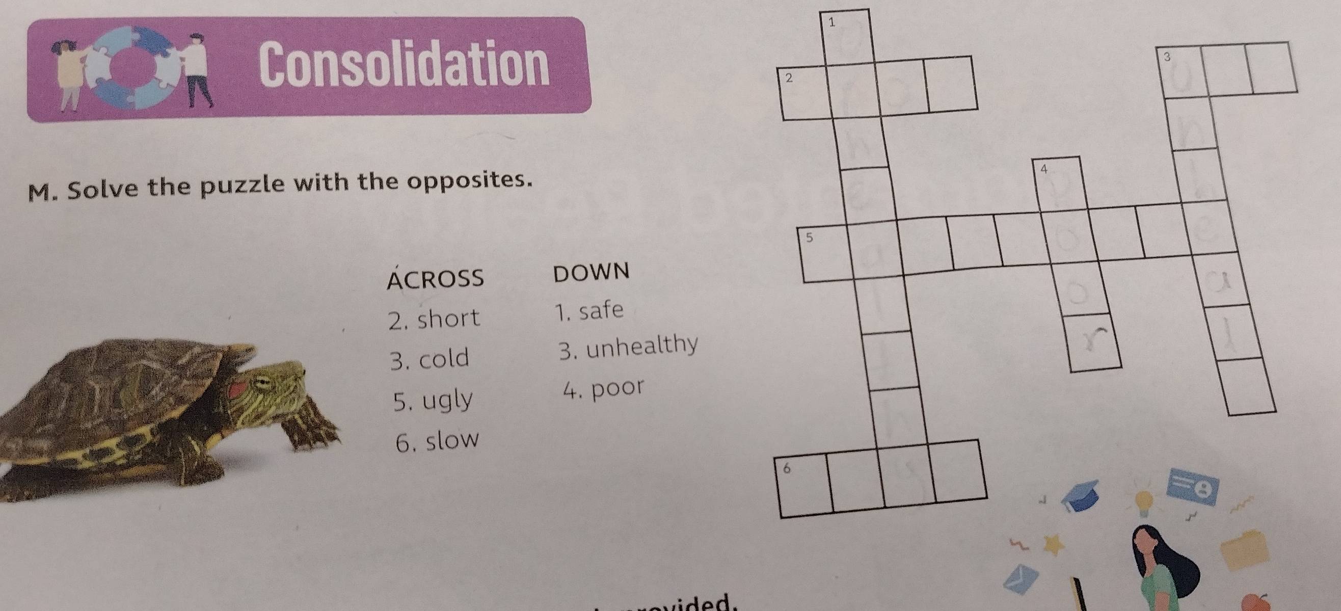 Consolidation 
M. Solve the puzzle with the opposites. 
ÁCROSS DOWN 
2. short 1. safe 
3. cold 3. unhealthy 
5. ugly 4. poor 
6. slow