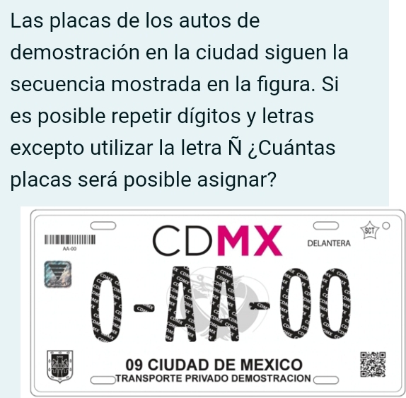 Las placas de los autos de 
demostración en la ciudad siguen la 
secuencia mostrada en la figura. Si 
es posible repetir dígitos y letras 
excepto utilizar la letra Ñ ¿Cuántas 
placas será posible asignar? 
CDMX 

AA-00 DELANTERA 
a 00 
09 CIUDAD DE MEXICO 
TRANSPORTE PRIVADO DEMOSTRACION