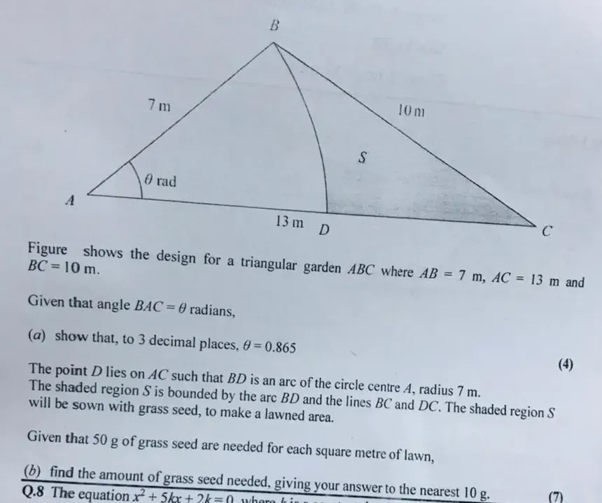 Solved: Figure shows the design for a triangular garden ABC where AB=7m ...