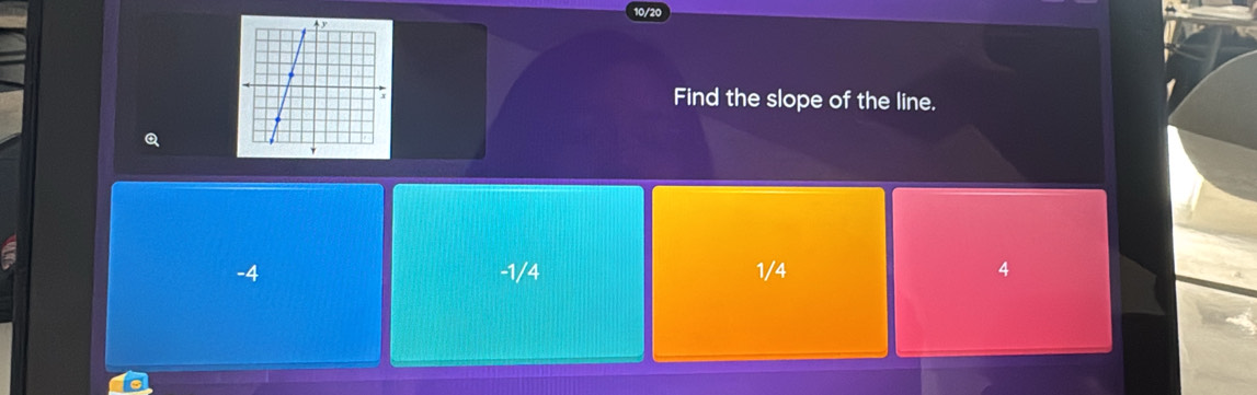 10/20
Find the slope of the line.
-4 -1/4 1/4 4