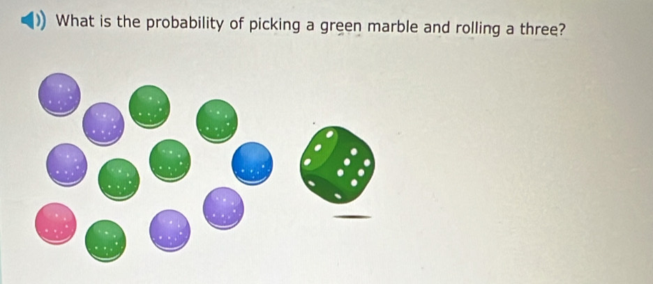 What is the probability of picking a green marble and rolling a three?