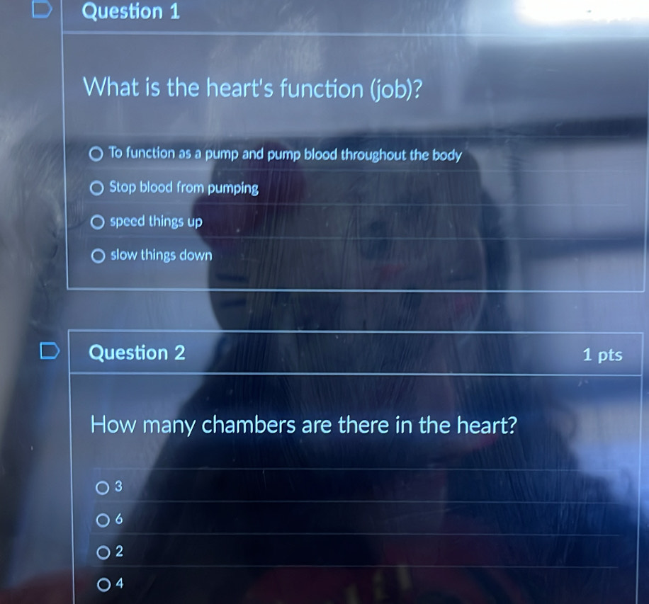 What is the heart's function (job)?
To function as a pump and pump blood throughout the body
Stop blood from pumping
speed things up
slow things down
Question 2 1 pts
How many chambers are there in the heart?
3
6
2
4