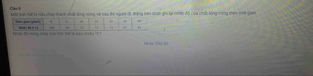 Một tinh thế bị nấu chảy thành chất lỏng nóng và sau đó nguội đi. Bảng bên dưới ghi lại nhiệt độ của chất lỏng nóng theo thời gian.
Nhiệt độ nóng chảy của tinh thể là bao nhiêu^0C 2
Nhập đáp án