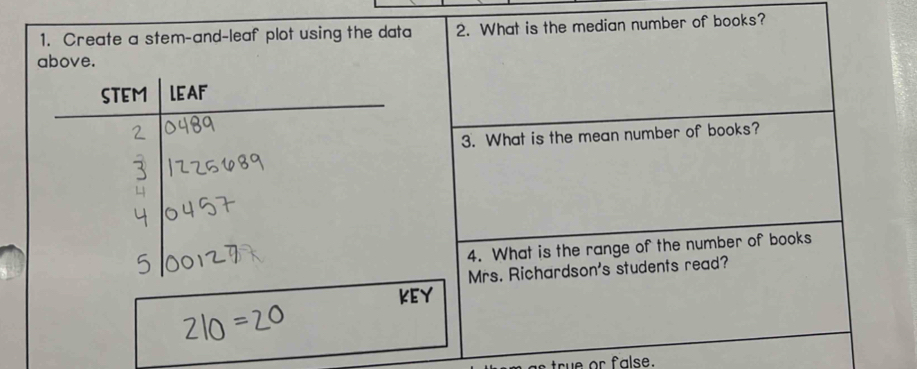 Create a stem-and-leaf plot using the data 2. What is the median number of books? 
above. 
STEM LEAF 
3. What is the mean number of books? 
4. What is the range of the number of books 
Mrs. Richardson's students read? 
as true or false.